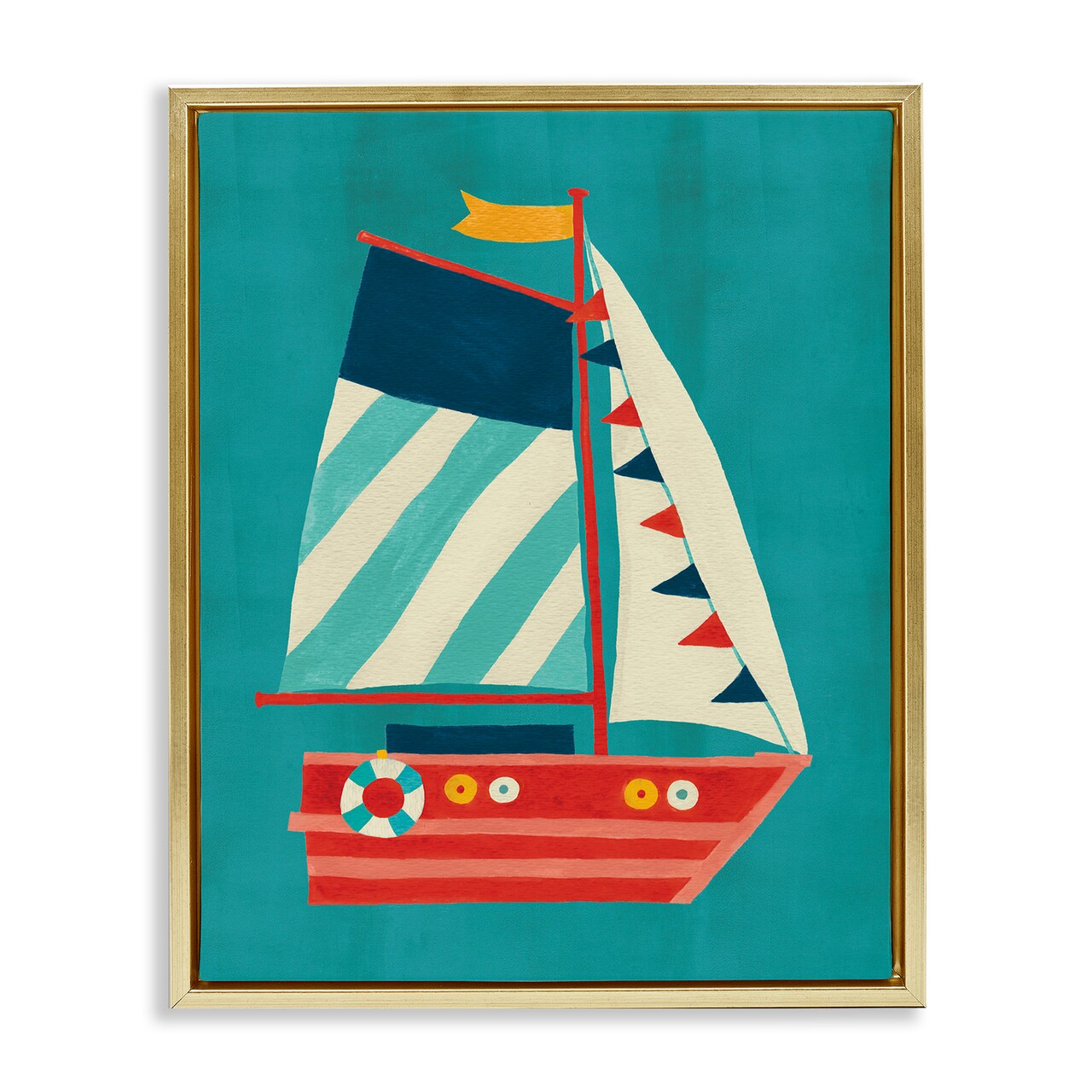 Stupell Industries Striped Sailboat on Blue Framed Floater Canvas Wall Art Design by Irene Chan